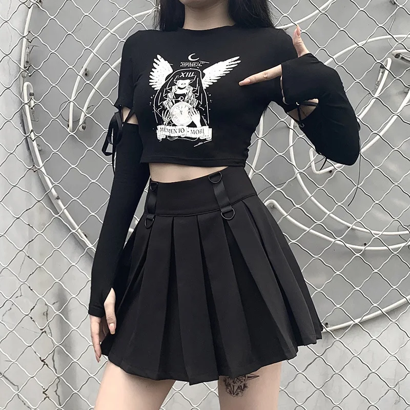 Gothic T-shirt Women Punk Graphic Printed Long Sleeve Patchwork Tee Tops Streetwear Sexy Black Short Tshirt Femme