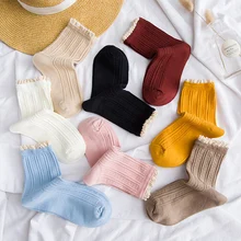 Распродажа, одноцветные носки с двойной иглой, с кружевными цветами, женские зимние повседневные хлопковые носки, женские винтажные носки, Sokken Calcetines Mujer