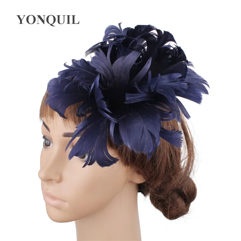 Много цветов Высокое качество перо цветок головной убор ободки чародей аксессуары для волос Броши вечерние шляпы Свадебные шляпы SYF256 - Цвет: navy