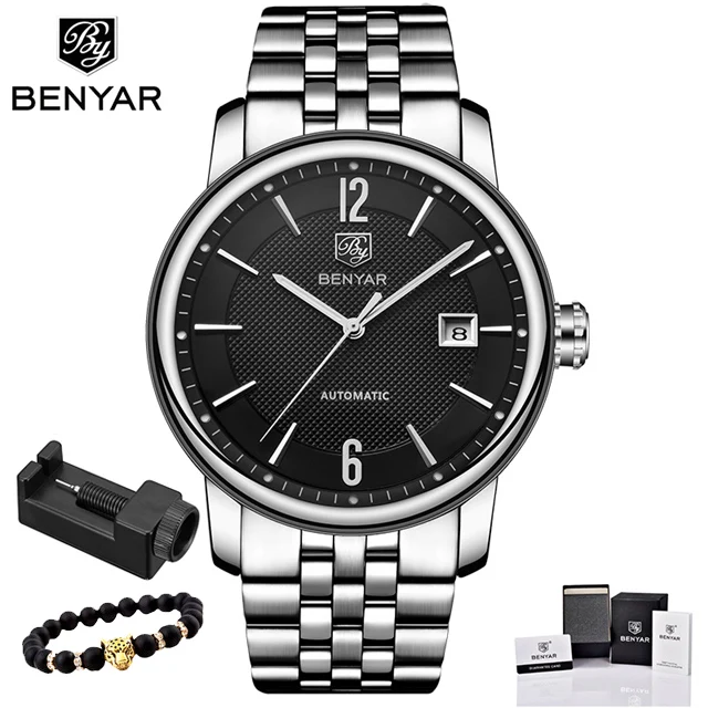 BENYAR, новинка, Топ бренд, деловые часы для мужчин, автоматические механические, водонепроницаемые, нержавеющая сталь, Роскошные мужские часы, мужские часы - Цвет: S-Silver black