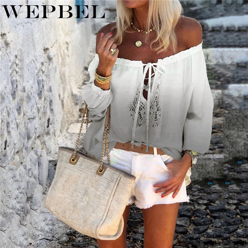 

WEPBEL Casual Slash Neck Hollow Out Long-Sleeved T-shirt Tops for Summer and Autumn Women's Fashion Loose Printed T-shirt