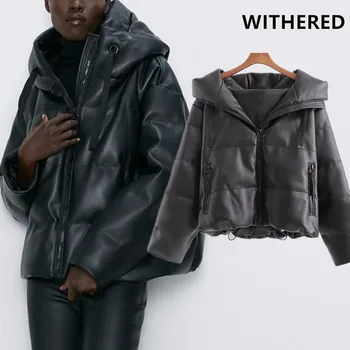 

Withered winter parka coat women england high street vintage oversize leather hooded short coat thick warm Bread parka coat tops