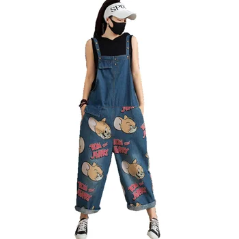 

Cartoon Printed Rompers Loose Wide Leg Pants Jumpsuits Summer Thin Casual Denim Women Overalls Playsuits