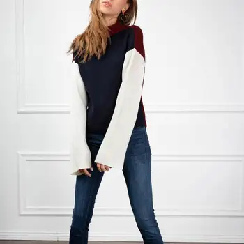 

Winter Women Fashion Color Block Ribbed Long Sleeve Sweater Knitted Pullover
