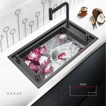 

ASRAS -8345NJ SUS304 Stainless Steel nano matt black sink kitchen single sink with pull out faucet Large Nanotech plating sink