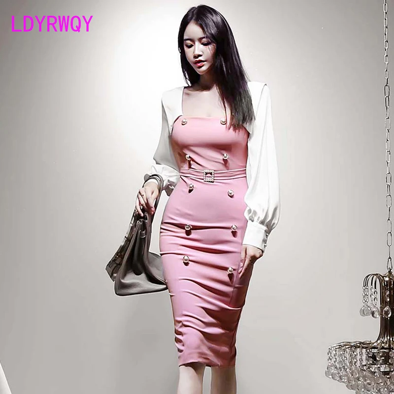 

2019 new Korean version of the temperament square collar hit color double-breasted slim slimming hip dress