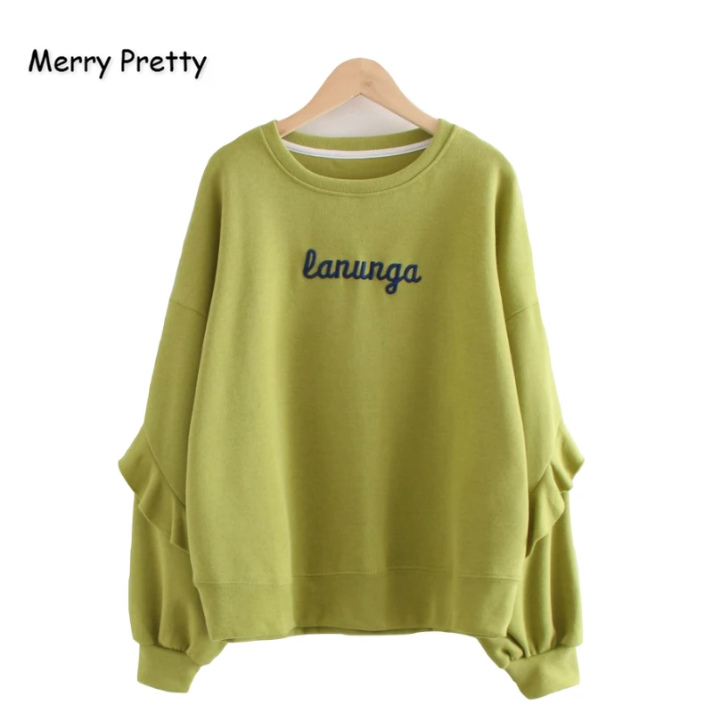 Merry Pretty, женские толстовки с вышитыми буквами и оборками из кусков, толстовки, зимний спортивный костюм с длинным рукавом и круглым вырезом, пуловер