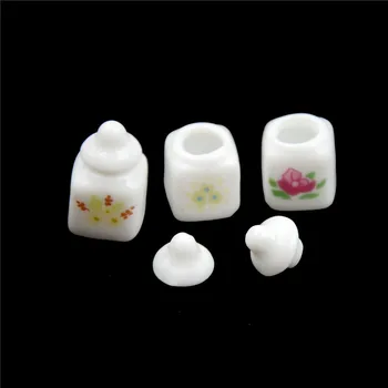 

1Set Kitchen Access Cute White Ceramic Storage Jars with Cover Dollhouse Miniature Classic Pretend Play Furniture Toys for Child