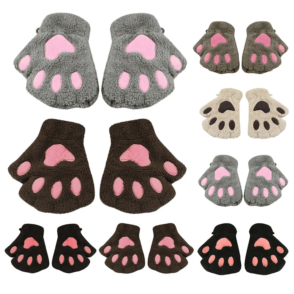 Детские короткие перчатки на полпальца Модные женские кошачья лапа с когтями без пальцев теплые зимние перчатки на полпальца варежки