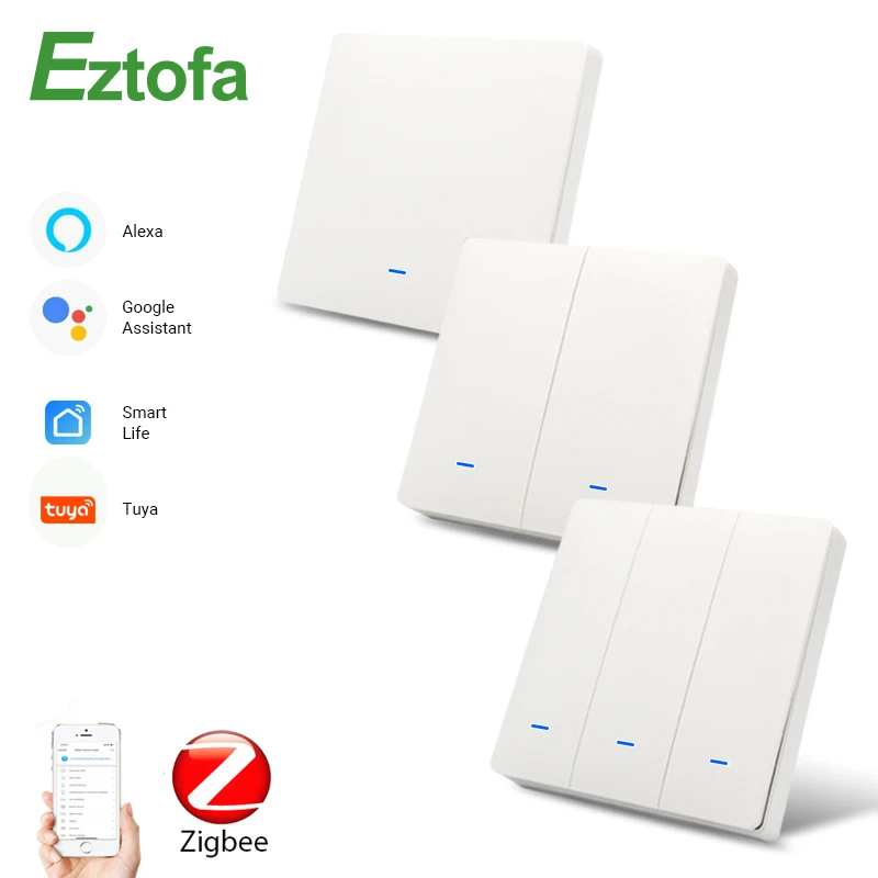 Eztofa Zigbee Smart Button Wall Lamp Switch EU/UK AC90-250V Tuya Wireless Control Alexa Google Home Compatible