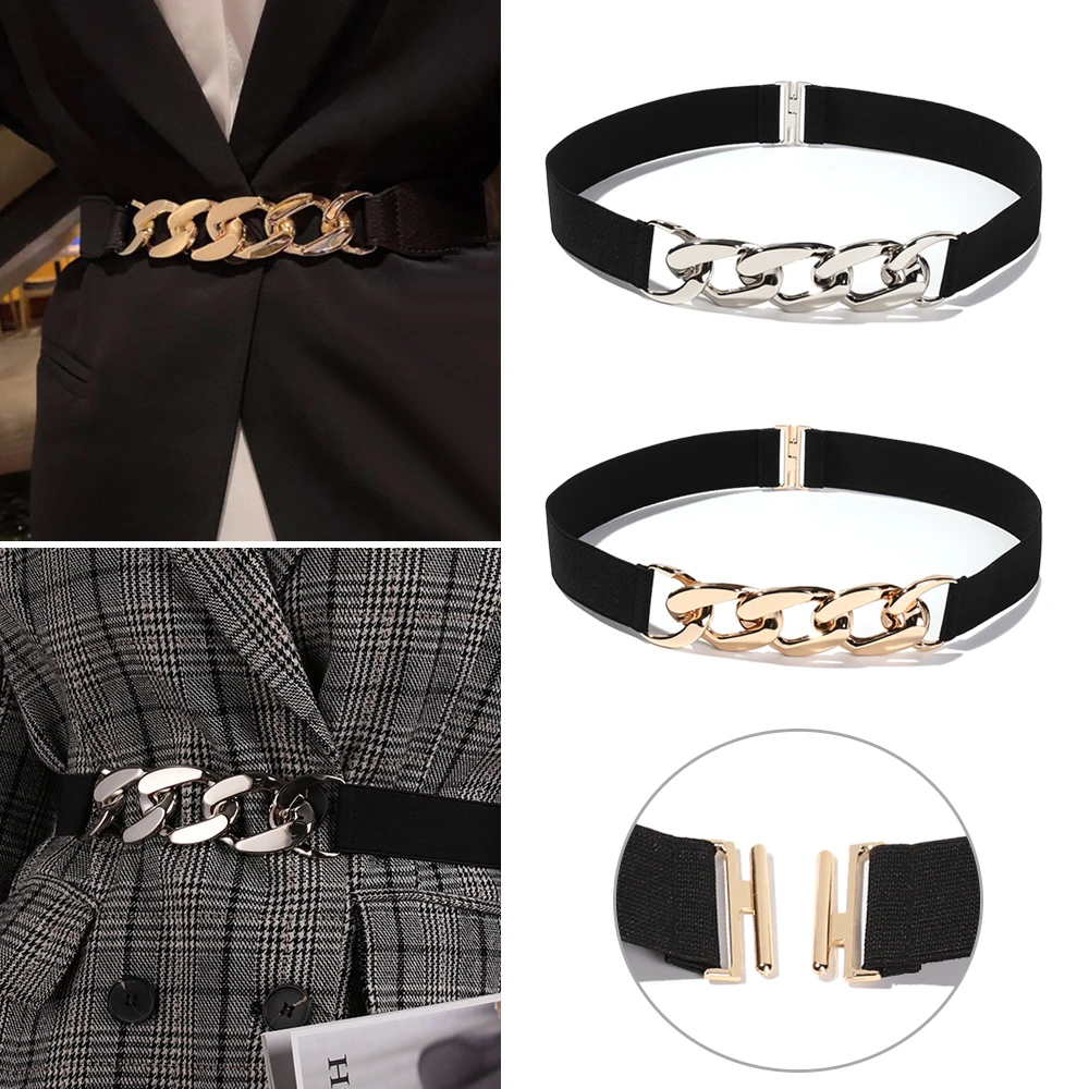 brown waist belt Fashion Women Punk Elastic Belt Metal Chain Decorative Waist Stretch Strap Dress Coat Suit Waistband Clothing Decoration plus size belts for women