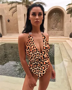 

2020 New bikini European and American one piece swimwear leopard print bandage cut out sexy one piece swimwear bikinis