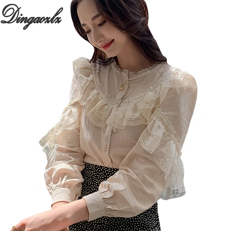 Dingaozlz модные кружевные топы с длинным рукавом элегантные женские кружевные Прошитые повседневные блузки новые корейские женские рубашки
