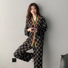 Luxury Design Couple Home Service Women's Pajamas Sets Summer V Neck Suit Long Sleeve Trousers Set Sexy Satin Silk Pijamas