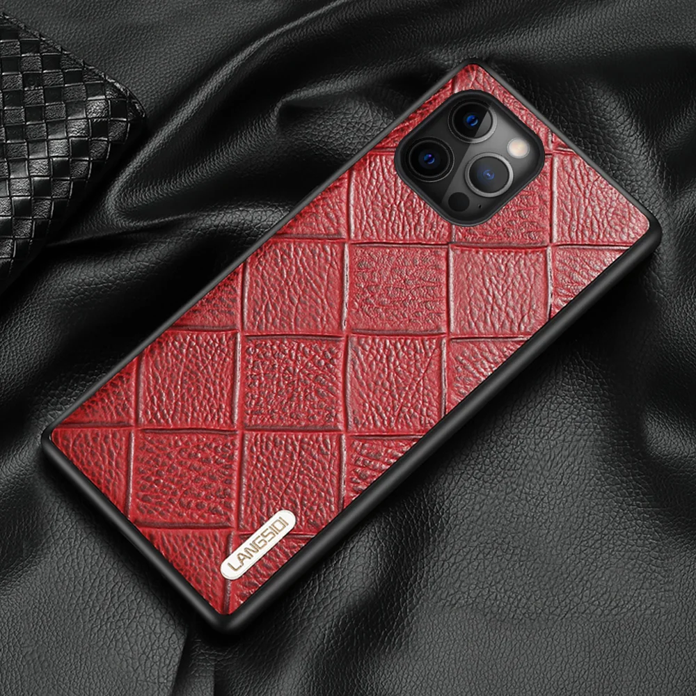 LANGSIDI Leather case For Iphone 12 pro max 11 Square embossing back cover For iphone 12 pro 12 max xr xs max 7 8 plus fundas
