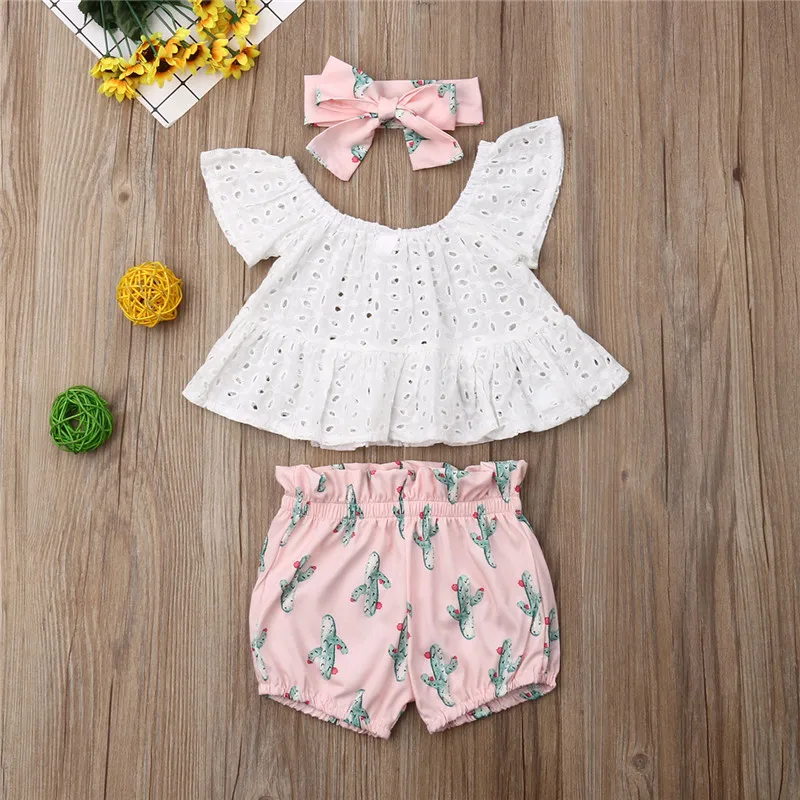 

Toddler Girl Clothes Newborn Hollow Out Top Printed Shorts headband Outfits Set 3pcs Outfits Baby Newborn Set