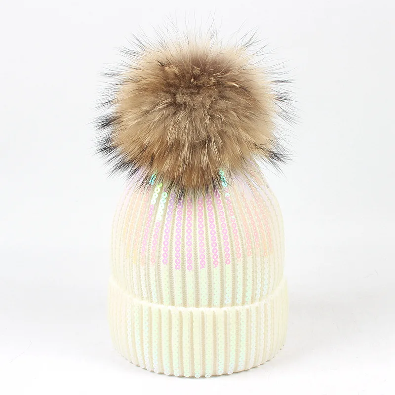 Вязаная зимняя шапка женская Skullies& Beanies Мужская сверкающий шарик из меха енота Beanie шапки модная черная шапка