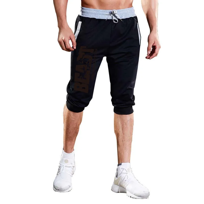 2019 heat brand knee long men's shorts Solid color printing  patchwork jogger sports Bermuda casualKnee Pants with Beach Shorts