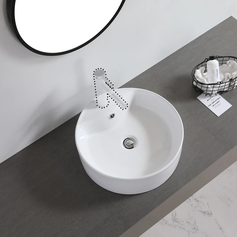 

Round Ceramic Bathroom Vessel Sink with Overflow, 18.11" Above Counter Vanity Porcelain Faucet Hole Countertop Sink Art Basin