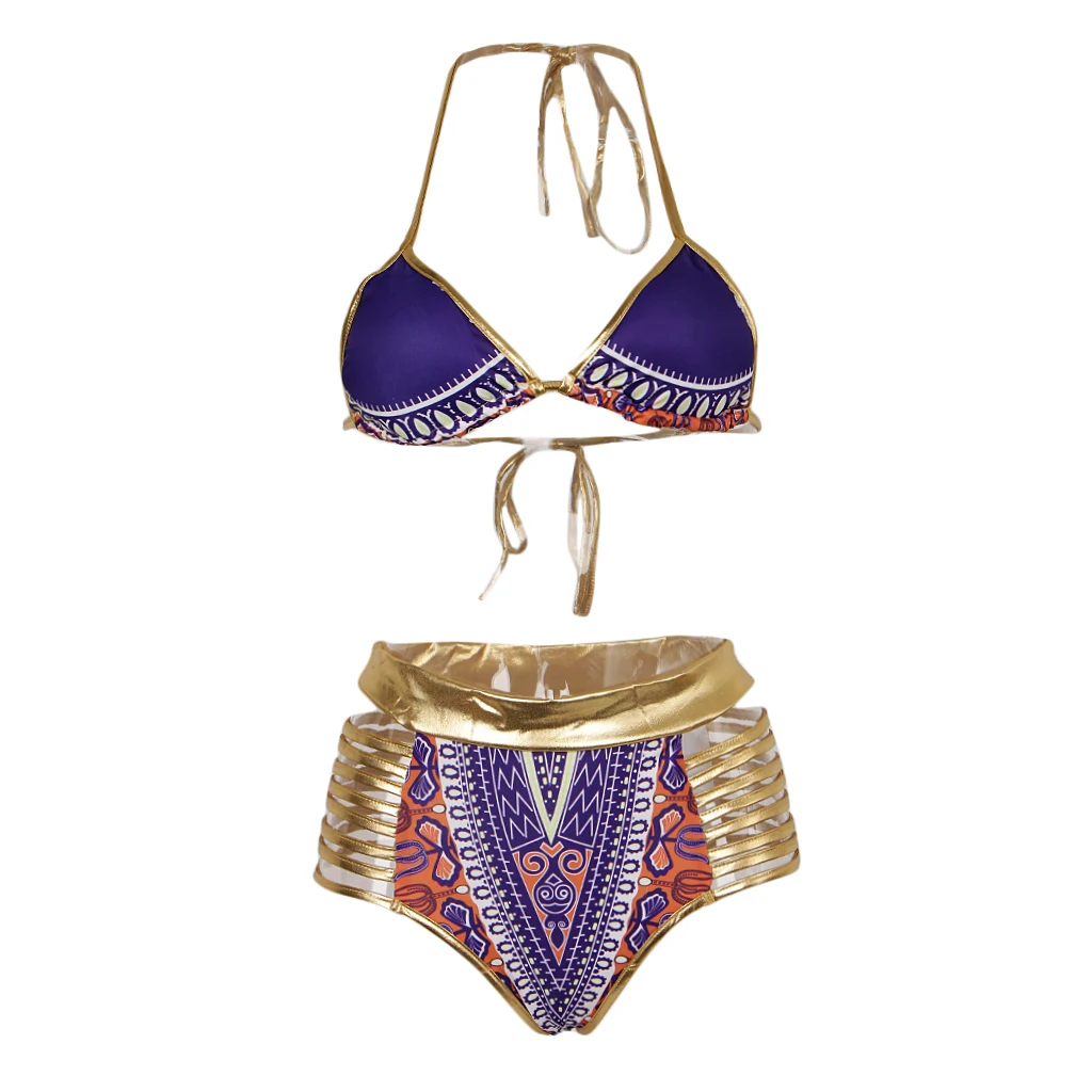 Vintage African Tribal Prints Bikini Swimsuit Bandage Swimwear Blue S Set of sexy swimsuit for women