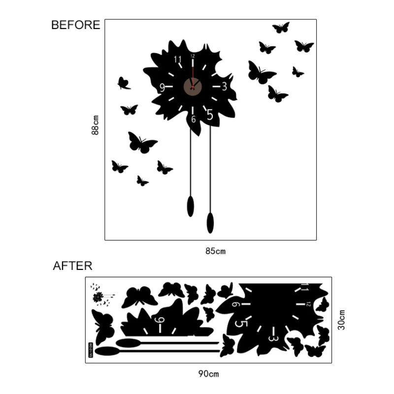 12 бабочек настенные часы съемные черные стикер большие 3D DIY украшение дома