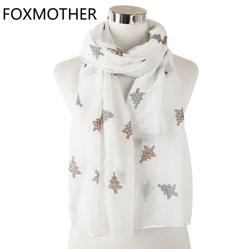 FOXMOTHER, новая зимняя белая шаль с принтом рождественской елки для женщин