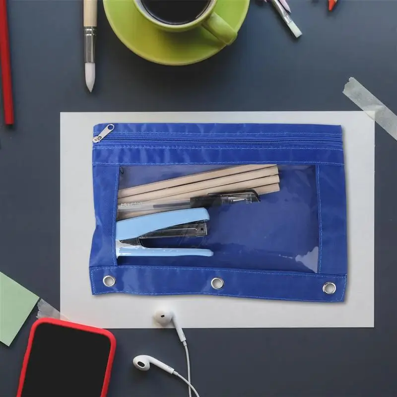 

6 Pieces Ring Binder Pouch Pencil Bag with Holes 3-Ring Zipper Pouches with Clear Window Stationery Pencil Bags