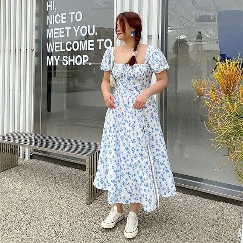HOUZHOU Vintage Plus Size Floral Dress Women 4XL Elegant Square Collar Split A-line Midi Dress Summer Korean Fashion Streetwear