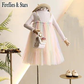 

Spring Winter girls tutu dress Baby dress kids vestido Children clothes long sleeve strap rainbow stripe mesh 3 to 12 yrs