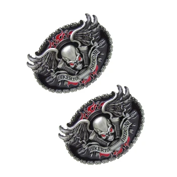 

2 pcs Skeleton Head Winged BIKER TO THE BONE Cowboy Western Belt Buckle Mens