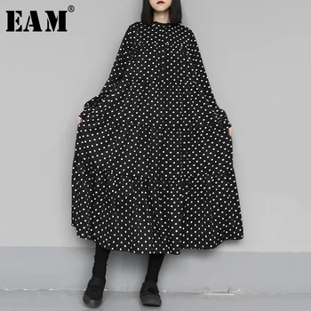 

[EAM] Women Black Dot Print Split Big Size Dress New Stand Collar Long Sleeve Loose Fit Fashion Tide Spring Autumn 2020 1N659