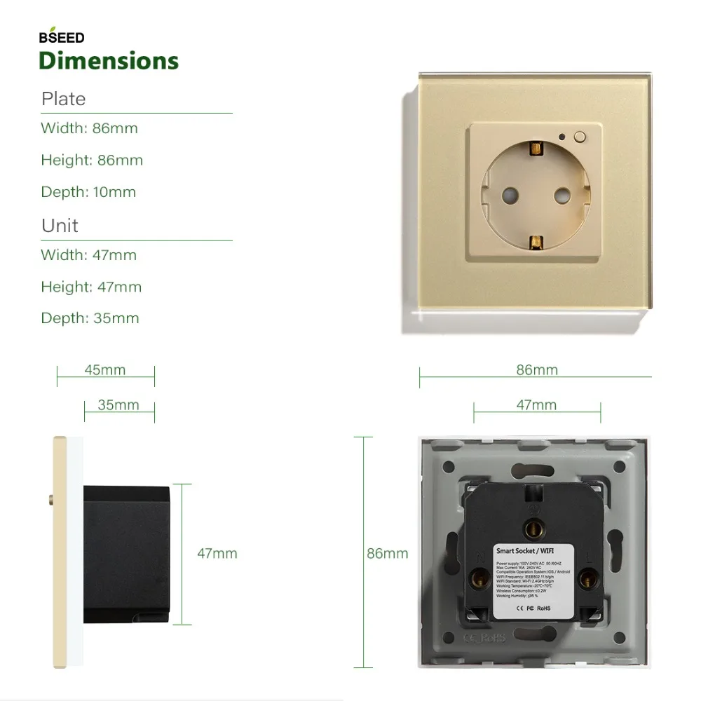 BSEED Wi-Fi настенная розетка стандарт ЕС умная розетка wifi розетка белый черный золотой цвета 86*86 мм