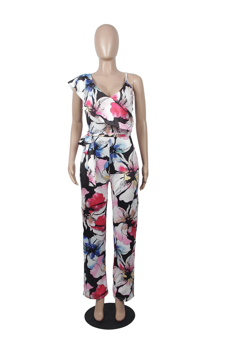 9040138 casual one shoulder floral flower printed wide leg jumpsuit women 2019