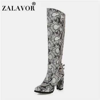 

ZALAVOR 4 Colors Winter Warm Snakeskin Pattern Knee High Boots Pointed Toe Zipper High Heels Shoes Woman Sexy Boots Size 34-43