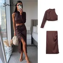 

Brown One Sleeve Women Tops Shirt Za Vintage Ladies Sexy Short Tops Slim Bodycon Blouse 2021 Femme Chandails Summer Blusas Mujer