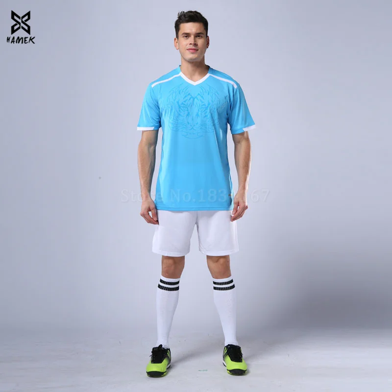 

Men Football Jerseys Set soccer shirt&shorts Suit Pockets Custom Team futbal Training Uniforms DIY sports Set 2019 Blue