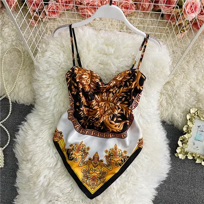 ALPHALMODA Retro Style Halter Scarf Backless Printed Crop Top Women 2021 Summer Trendy Sling Vest Retro Printing Sling Camis half bra Tanks & Camis