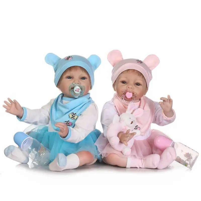 Reborn Twins Детские куклы 2 шт. 22 ''мальчик+ девочка Мягкий силикон Bebe Новорожденные игрушки подарок девочка игрушки для детей кукла игрушка - Цвет: as pictur