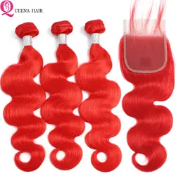 Индийские красные пучки с закрытием объемная волна разноцветные шиньоны с закрытием яркие Натуральные Рыжие волосы 3 пучка с закрытием remy
