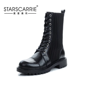 

2020 new fashion casual female Martin boots knit comfortable breathable lace women's boots thick with tube women's shoes