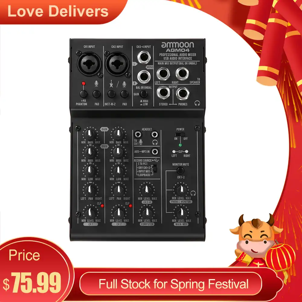 ammoon Digital Audio Mixer professional Mixing Console Mini 4-Channel 2-band EQ Built-in 48V Phantom Power 5V USB Powered mixer