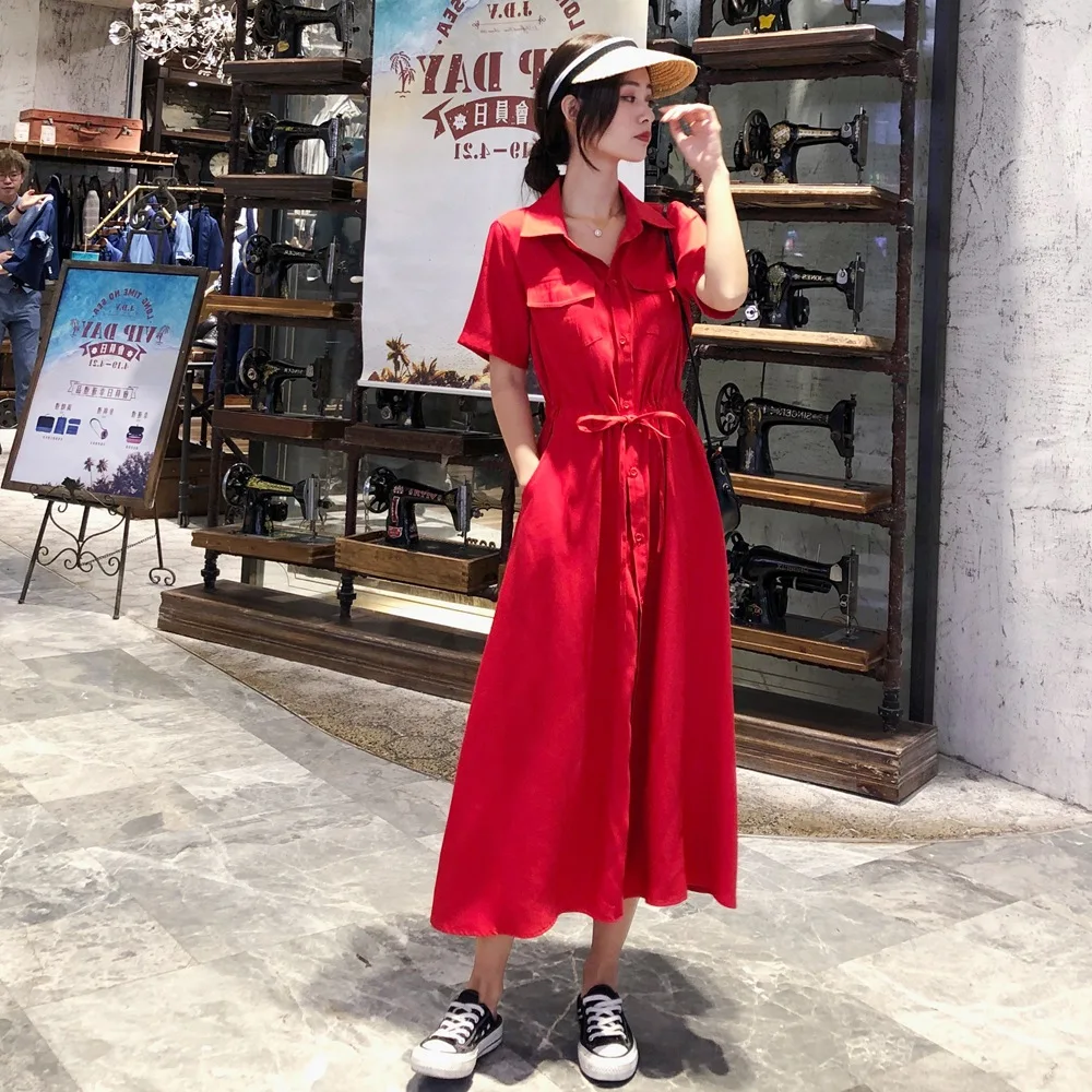 

France Non-mainstream Dress 2019 Summer New Style WOMEN'S Dress French Retro Hepburn Wind Waist Hugging Shirt Dress Dress