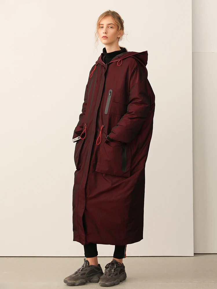 Original Design Winter Women Casual Oversized Thicken Warm Hooded Reversible Wine Red/Black Long White Duck Down Jacket