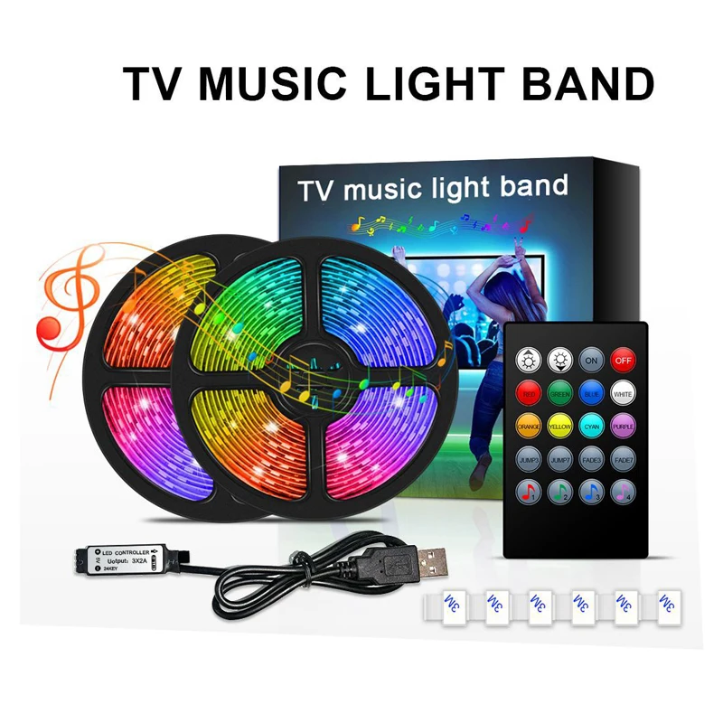 New LED Strip Light TV Lighting 5050RGB USB Music Control 20 keys Colorful For Room Decor Holiday Party Game Atmosphere Lights