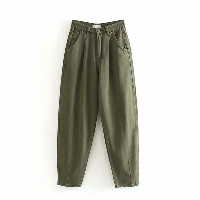 Женские джинсы, свободные повседневные штаны-шаровары, джинсы для мам, уличная одежда, джинсовые штаны, женские плиссированные брюки с карманами, джинсы для женщин - Color: Army Green