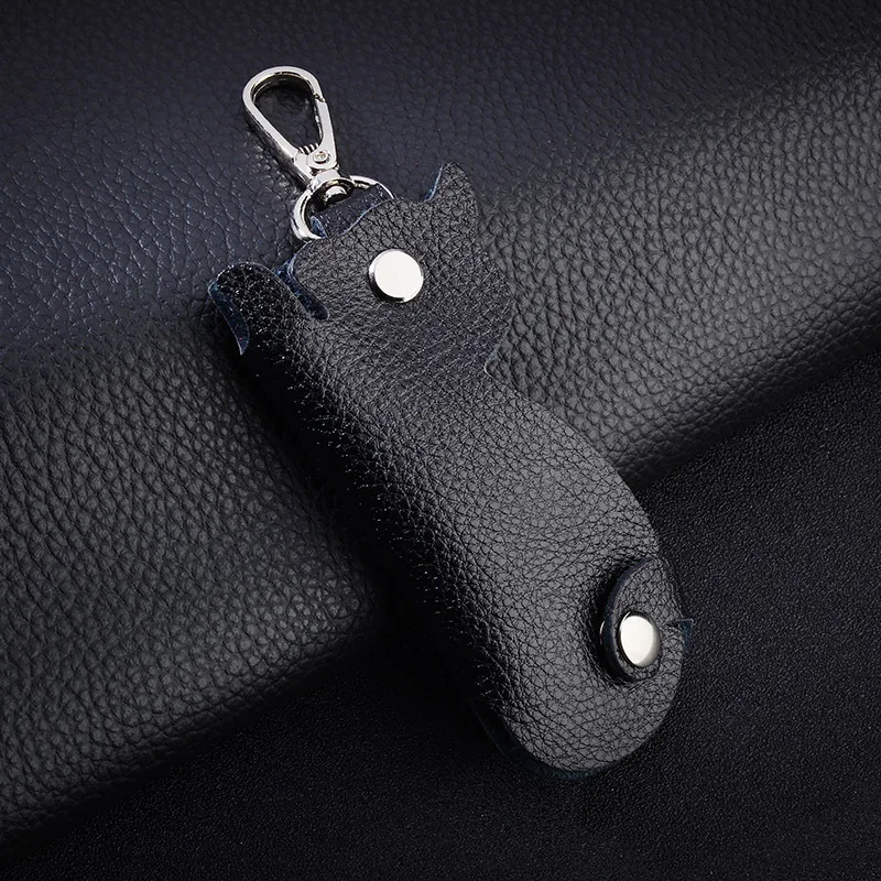 black Кожаный брелок для ключей мультяшный Забавный брелок Кот для мужчин и женщин поясной брелок для ключей - Цвет: black