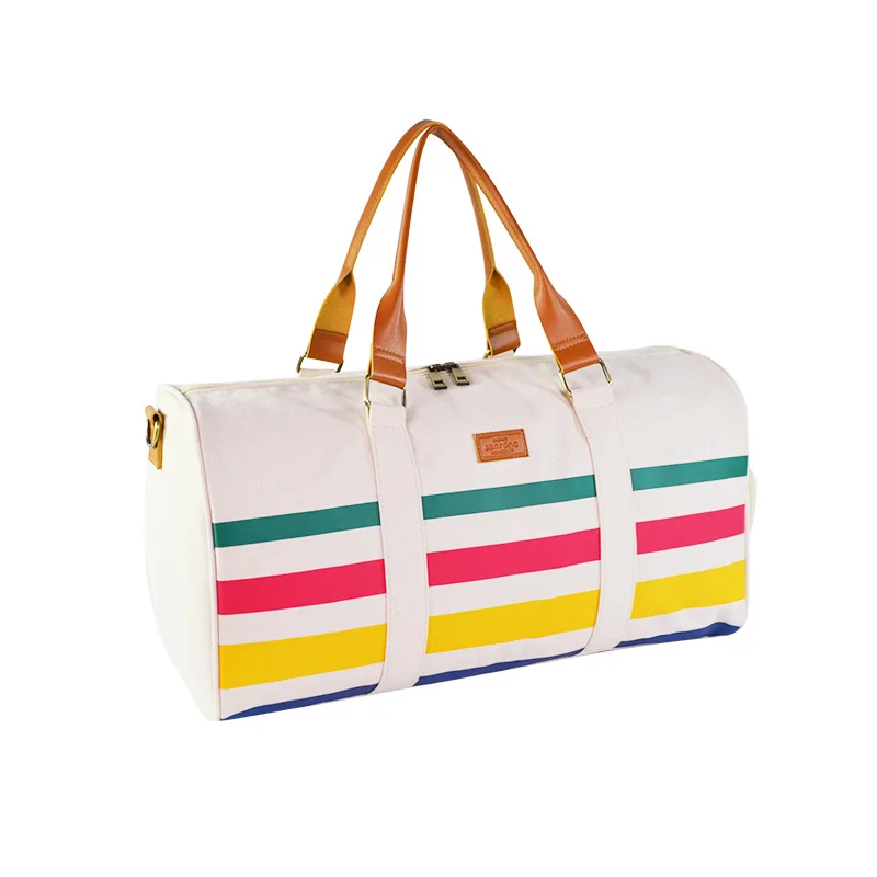

12 Ann Canvas Travelling Bag Screen Printing Stripes Printed Travel Bag Napa Texture Leather Hand Large Capacity Travel Bag