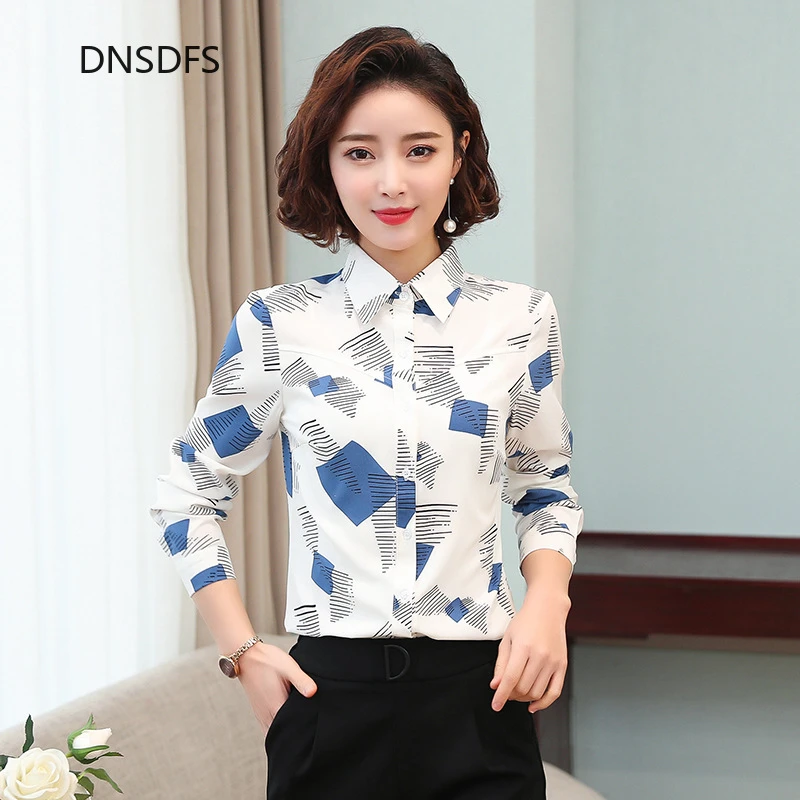 Blusa ajustada de manga larga para primavera y otoño, camisa con estampado azul para Mujer, ropa blanca Coreana de gasa para oficina, 2021| Blusas y camisas| - AliExpress