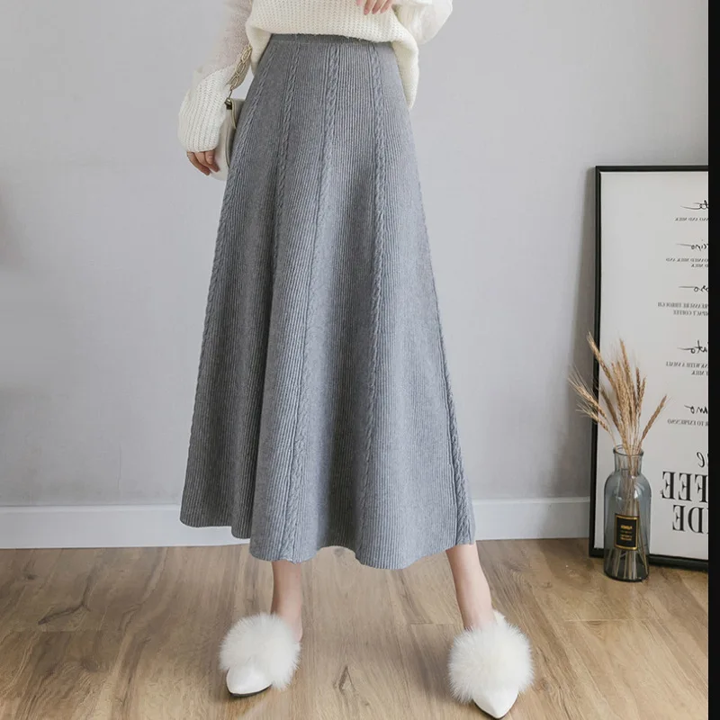 

Korean Thick Warm Women A-line Skirts 2020 Autumn Winter Elastic High Waist Knitted Sweater Skirts Midi Long Solid Apricot Skirt