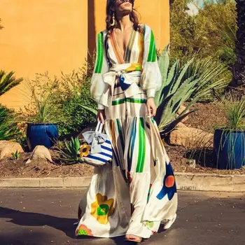 

Plus Size Floral Printed Bohemian Dresses For Women Lantern Sleeve V Neck Summer Party Beach Dresses Runway Maxi Vestidos